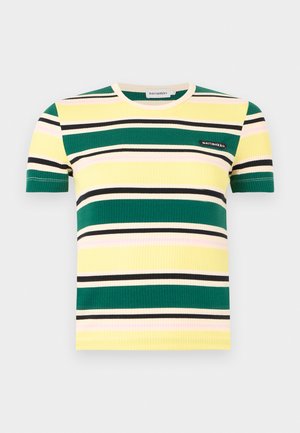 Kortærmet ribstrikket t-shirt med vandrette striber i grøn, gul, sort, creme og lyserød, med et lille "marimekko" mærke på brystet.