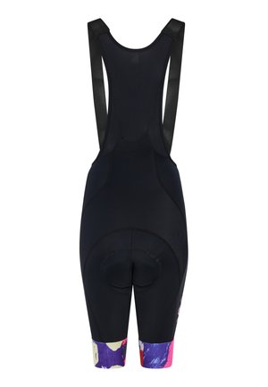 Zwarte fietsbroek met bretels van gaas. Voorzien van een gevoerde zitting en kleurrijke, gemusterde accenten aan de zoom. Glad, rekbaar materiaal.