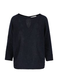 Navy knit sweater with a loose fit, boat neck, three-quarter sleeves, and a subtle texture. Features a small keyhole detail at the back.