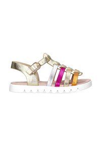 Sandalias metálicas doradas con correas de tela coloridas en rosa, blanco, naranja y amarillo. Suela acolchada con bordes festoneados. Cierre de hebilla.