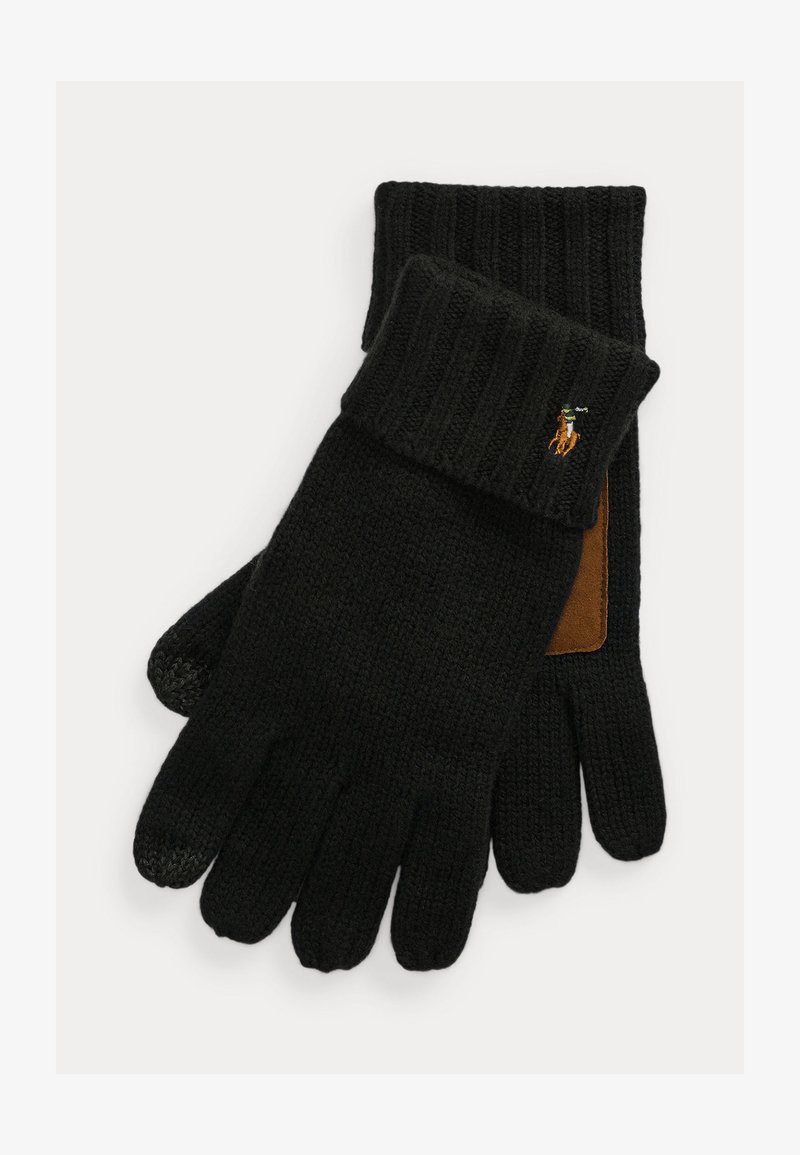 Črne pletene rokavice imajo rebrast manšeta in rjav semiški dodatek. Na manšeti je majhen vezen logotip, ki doda detajl.