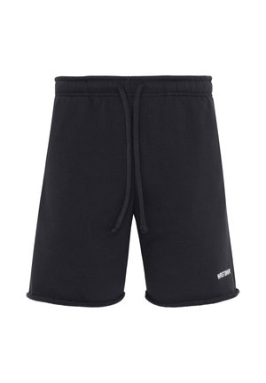 Schwarze Freizeit-Shorts mit elastischem Taillenbund und Kordelzug, kleines weißes "WRSTBWR"-Logo am unteren linken Bein.
