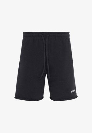 Schwarze Freizeit-Shorts mit elastischem Taillenbund und Kordelzug, kleines weißes "WRSTBWR"-Logo am unteren linken Bein.