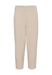 Pantalons beiges ajustés avec une coupe droite, présentant des plis à l'avant et un tissu lisse et léger. Pas de poches visibles ni d'ornements.