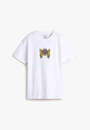T-shirt bianco in cotone con una grafica centrale di farfalle gialle con accenti rosa e neri. Maniche corte e un classico collo a giro.