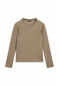 Pull beige à manches longues avec col ras du cou, en maille douce, posé à plat sur un fond blanc.