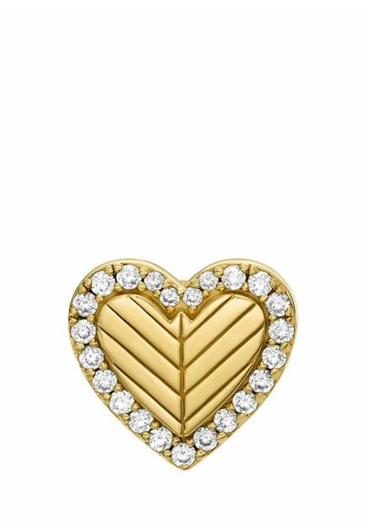 Gul hjärtformad brosch med unik bladrosett-design, omgiven av en ring av klara kristaller, som visar en polerad yta.
