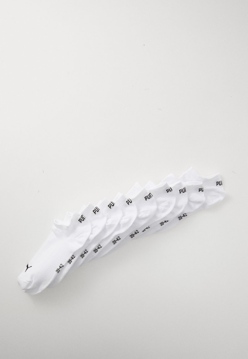 Bijele anklet čarape s crnim tekstom, uključujući oznake veličina 39-42 i logo. Materijal se čini glatkim, s standardnim dizajnom elastičnog manžeta.