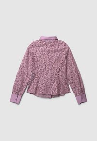 Spitzenbluse in helllila mit langen Ärmeln, einem spitzen Kragen und kontrastierenden, einfarbigen lila Manschetten. Verfügt über filigrane Blumenmuster.