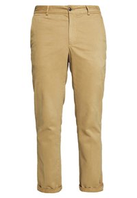 Pantalons chino couleur brun clair en coton. Comprend des poches latérales, une fermeture à un bouton, et une coupe droite avec des ourlets roulés.