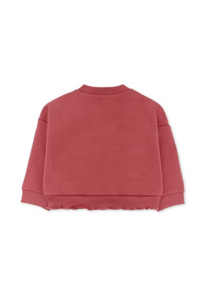Fleece sweatshirt in gedempt roze, met een ronde halslijn, verlaagde schouders en geribde manchetten. Heeft een verkorte, gerimpelde zoom.