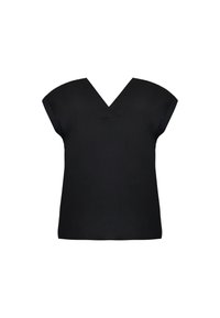 Černý top s výstřihem do V a krátkými, kapsovými rukávky. Hladká látka, volný střih a minimalistický design. Bez viditelných vzorů nebo ozdob.