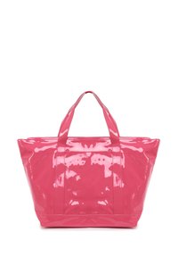 Borsa tote lucida rosa con due manici superiori, forma rettangolare e texture liscia. Presenta cuciture a contrasto sui bordi.