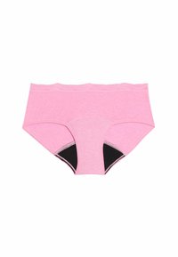 Culotte en coton rose avec une taille ondulée. Panneaux d'accent noir sur les côtés. Texture douce, design couvrant.