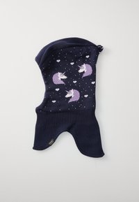 Balaclava tricotată marină cu un model de unicorni purpurii și inimi, cu mansetă glisată și față deschisă. Textură moale și design ajustat.