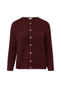 Burgunderfarbener Cardigan aus strukturiertem Strickstoff, mit Rundhalsausschnitt, langen Ärmeln und sechs vorderen Knöpfen in leicht lockerer Passform.