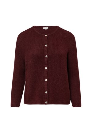 Cardigan bourgogne en tissu tricoté texturé, avec un col rond, des manches longues et six boutons sur le devant, offrant une coupe légèrement décontractée.