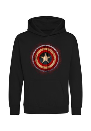 Sweat à capuche noir avec un graphisme usé du bouclier de Captain America en texture bois rouge, blanc et bleu sur le devant.
