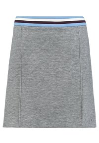 Jupe grise au design ajusté, dotée d'une ceinture à rayures bleue, blanche et foncée. Texture lisse avec des détails de couture sur les côtés.