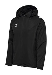 Veste de sport noire à capuche avec zip frontal, cordons réglables et logo blanc hummel sur la poitrine et motif étoile sur l'épaule.