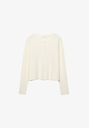 Vit, ribbad cardigan med långa ärmar och rund halsringning. Har en knappstängning framtill med små, runda knappar. Kortad design.