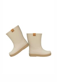 Bottes de pluie en caoutchouc beige avec semelles marron clair texturées et petites languettes marron sur les côtés sur fond blanc.