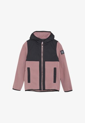 Gevoerde jas met een zwart bovenstuk en een roze onderstuk, voorzien van ritssluiting en twee voorkzakken. Gladde stoftextuur.