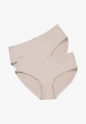 Culottes taille haute en tissu beige avec une texture lisse, une taille élastique et de petits nœuds décoratifs à la taille avant.
