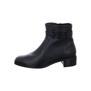 Black leather ankle boot with low block heel and decorative linked chain detail on the side.