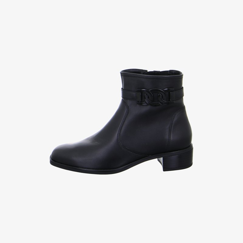 Black leather ankle boot with low block heel and decorative linked chain detail on the side.