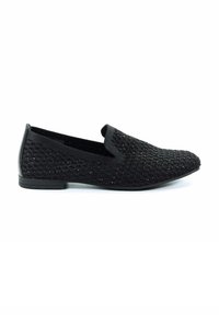 Scarpe slip-on nere con un upper in maglia testurizzata, caratterizzate da un motivo intrecciato, un tacco in gomma basso e un'elegante accentuazione nera sul retro.