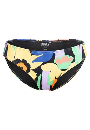 Costume da bagno multicolore realizzato in tessuto testurizzato. Presenta un motivo floreale su sfondo nero, forma curva e vita elasticizzata.
