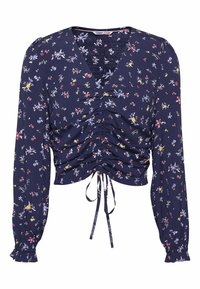 Blusa floreale navy con maniche lunghe, dettaglio davanti arricciato e lacci all'orlo. Presenta motivi a piccoli fiori multicolori.