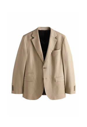 Beigefarbener einreihiger Blazer mit Kerbkragen, zwei Knöpfen, drei Vordertaschen und jeweils vier Knöpfen an den Manschetten, offen, um das schwarze Futter zu zeigen.