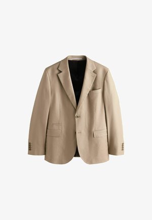 Beige single-breasted blazer with notch lapels, two buttons, three front pockets, and four buttons on each cuff, open to show black lining.