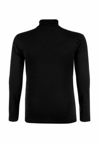 Chemise noire à manches longues avec un col montant, présentant une texture lisse et une coupe ajustée. Aucun motif ou détail de quincaillerie visible.