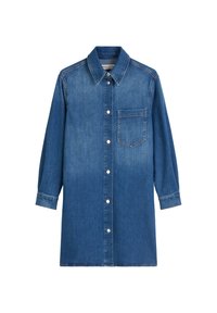 Denim Hemdkleid in Mittelblau mit Kragen, langen Ärmeln, durchgehender Knopfleiste und einer einzelnen Brusttasche. Glatte Textur.