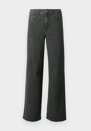 Bredde ben jeans i mørkegrå denim med en subtil zebra-mønster tekstur, kontrastsyninger og fem lomme design med en knap zip.