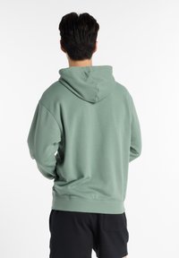 Green hooded sweatshirt with a relaxed fit, visible stitching, and ribbed cuffs, paired with black shorts, viewed from the back.