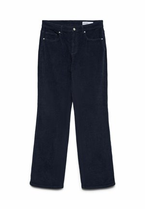 Marineblauwe corduroy broek met straight leg ontwerp, voorzien van een textuurstof, vijf zakken en metalen sluitingselementen.