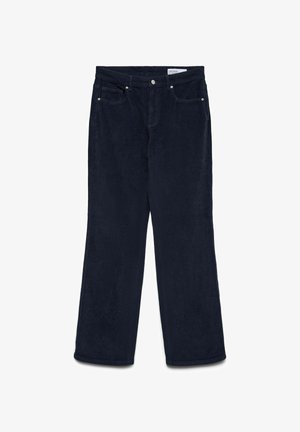 Tamsiai mėlynos kordūrojo kelnės tiesaus sluoksnio dizainu, pasižyminčios tekstūruotu audiniu, penkiomis kišenėmis ir metaline furnitūra uždarymui.