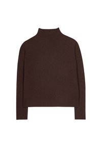 Dunkelbrauner, langärmeliger Strickpullover mit hohem Kragen und geripptem Saum, flach auf einem weißen Hintergrund ausgelegt.