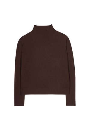 Dark brown long-sleeve knit sweater with a high neck and ribbed hem, laid flat on a white background.