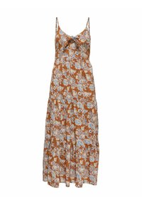 Maxi kjole i rust med blå og hvide blomsterprint, der har en sløjfedetalje, tynde stropper og en gathered taljedesign for en flydende silhuet.