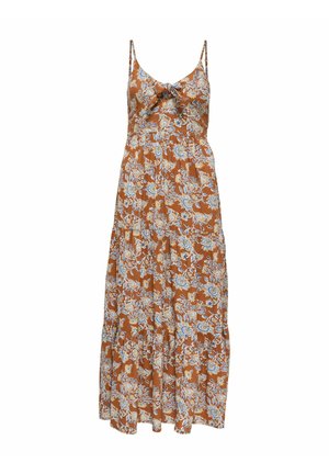 Maximekk dress in rust with blue and white flower pattern, featuring a bow detail, thin straps, and a gathered waist design for a flowing silhouette.