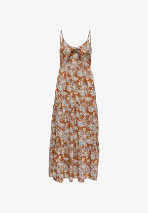 Maximekk dress in rust with blue and white flower pattern, featuring a bow detail, thin straps, and a gathered waist design for a flowing silhouette.