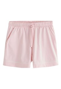 Pantaloni scurți casual roz deschis, cu talie elastică, șnur frontal și buzunare laterale pe fundal alb.