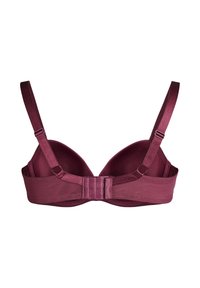 Mauve-värinen kaarituettu rintaliivi, jossa on pehmustetut kupit, säädettävät olkaimet ja hakas- ja silmukkakiinnitys. Tasainen kangas, jonka muotoilu on sulava ilman havaittavia kuvioita.