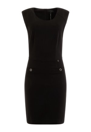 Schwarzes ärmelloses knielanges Kleid mit rundem Ausschnitt, figurbetonter Silhouette und zwei dekorativen Fronttaschen mit silbernen Ösen.