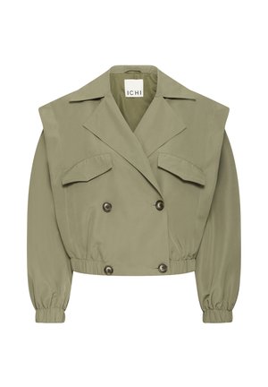 Jachetă verde măsliniu tăiată, cu design cu două rânduri de nasturi, buzunare mari aplicate și manșete elastice. Material neted cu guler structurat.